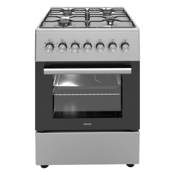 NIEUW - Wiggo Gasfornuis 60 cm – 4‑pits RVS met 6‑functies heteluchtoven Gratis thuisbezorg